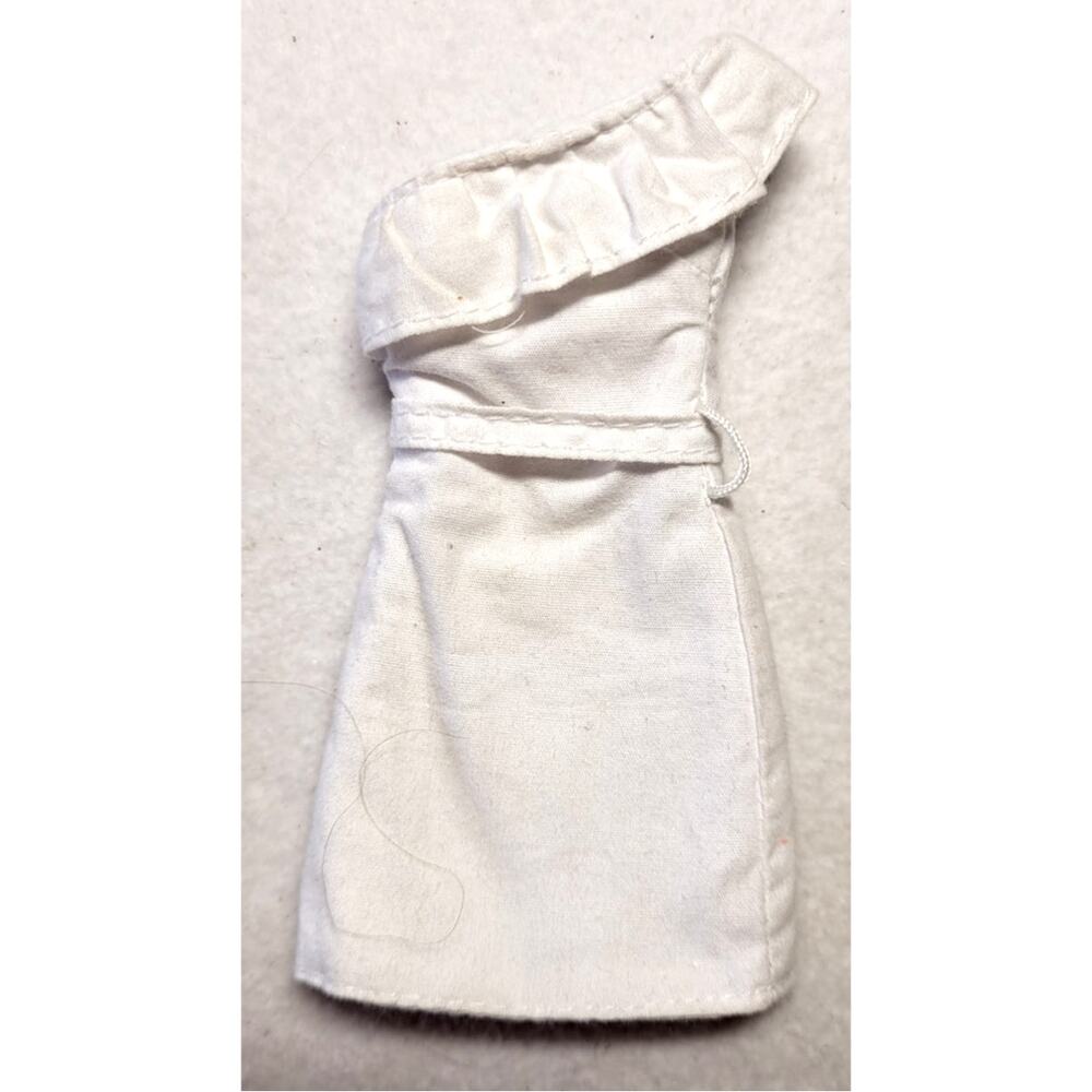 Vintage 90s Barbie Clone Size White One Shoulder Ruffle Belted Dress